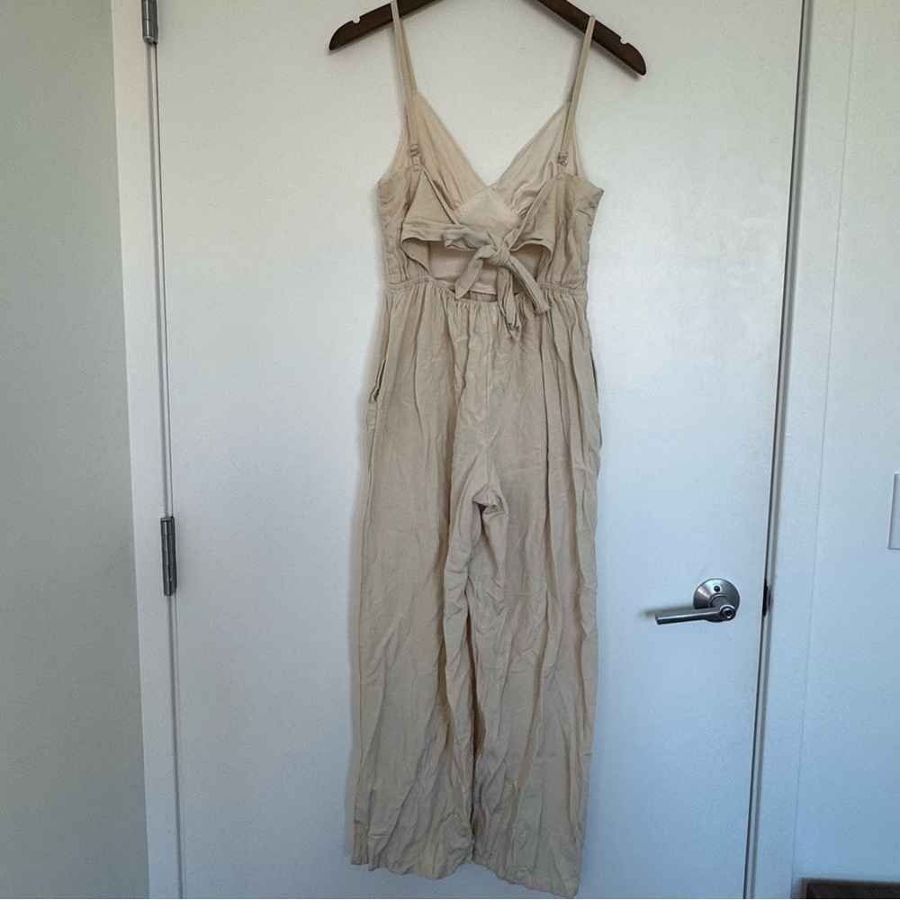 S Cream Oatmeal Linen Blend Jumpsuit Vacation Travel Quiet Luxury Minimal Chic - Picture 11 of 15